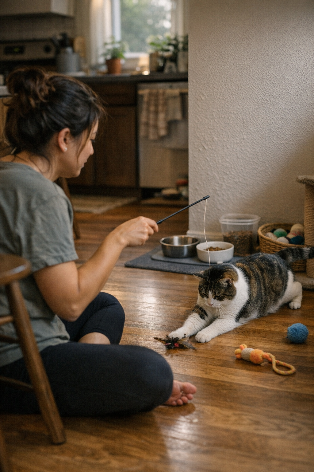 Evenings Settled by Shifting Cat Play Before Meals